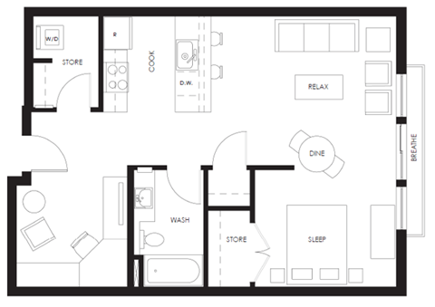 Floor plan for 1 bed, 1 bath, 731 sqft